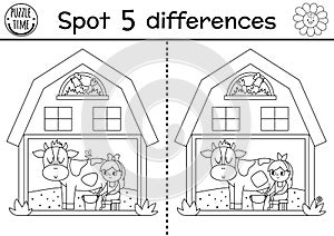 On the farm black and white find differences game for children. Educational line activity with cute barn house with girl milking