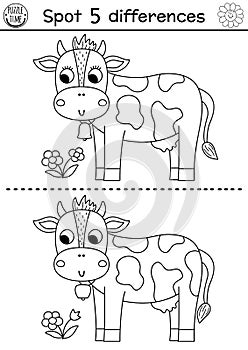 On the farm black and white find differences game for children. Educational line activity with cute cow and flower. Rural country