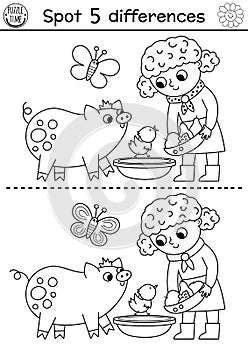 On the farm black and white find differences game for children. Educational line activity with cute girl feeding pig. Rural