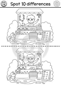 On the farm black and white find differences game for children. Educational line activity with cute market vendor selling fruit in