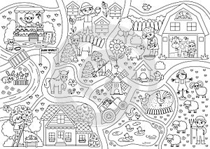 Farm black and white village map. Country life outline background. Vector rural area scene with animals, farmers, barn, tractor.