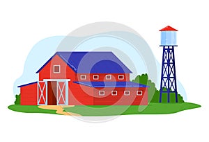 Farm building, agriculture farming landscape, isolated on white vector illustration. Rural barn, outdoor red village