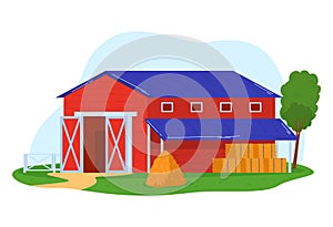 Farm building, agriculture farming landscape, isolated on white vector illustration. Rural barn, outdoor red village