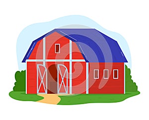 Farm building, agriculture farming landscape, isolated on white vector illustration. Rural barn, outdoor red village