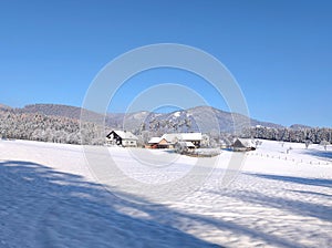 Farm buildings in rural winter wonderland