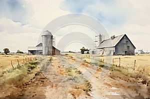 Farm Buildings Watercolor By Tim Nichols - Prairiecore Style
