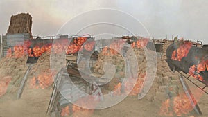 Farm burning in the desert with sand storm