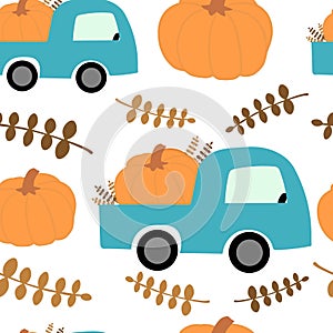Farm car with yellow pumpkin and leaves seamless pattern. Happy harvest blessings. Farmers market poster backfround. Fabric