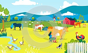 Farm cartoon landscape, vector illustration. Agriculture farming barn, rural animal cow chicken outdoor. People