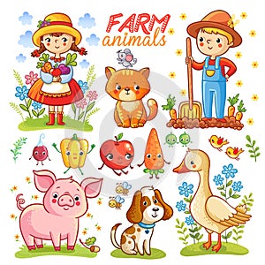 Farm cartoon set with animals.