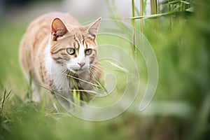 farm cat stalking through the grass