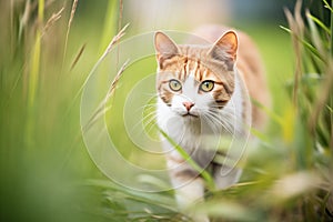 farm cat stalking through the grass