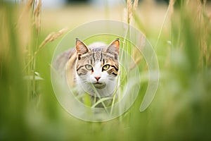 farm cat stalking through tall grass