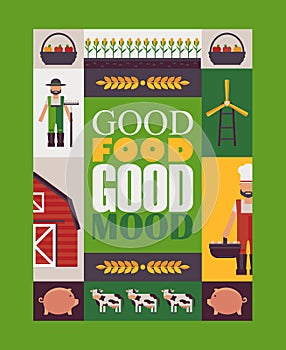 Farm collage, vector illustration. Set of flat style icons and farmstead stickers in colorful typographic poster. Phrase