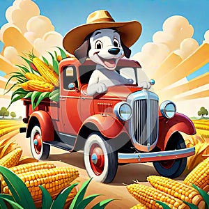 Farm corn field harvest happy dog cartoon character