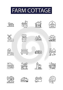 Farm cottage line vector icons and signs. Cottage, Agritourism, Croft, Dairy, Acreage, Ranch, Rural, Log outline vector