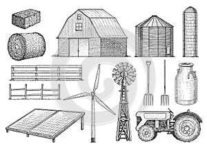 Farm, countryside, rural object collection, illustration, drawing, engraving, ink, line art, vector