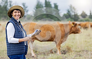 Farm, cow veterinary and portrait of woman with clipboard for inspection, checklist and animal wellness. Agriculture