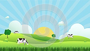 Farm with cows ,tractor, barn , farmer and hays.Landscape with farm