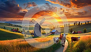 farm with cows and windmill at sunset