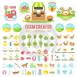 Farm creator. Big set of vector farming elements and animals background. Cartoon illustartion
