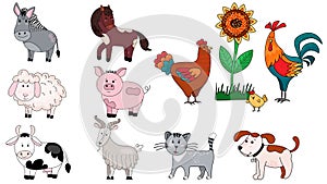 Farm cute animal set: cow, horse, sheep. Famili with hen, rooster, chick. Vector illustration with pig, donkey, goat in