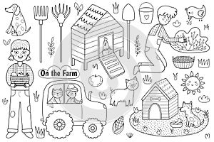 On the farm cute set with animals and kids farmers in black and white