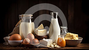 Farm dairy products. Bottle milk, cheeses, cottage cheese, eggs, yogurt, butter. Organic food, generative ai