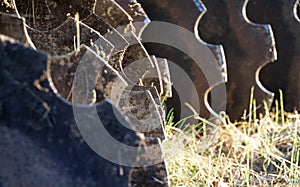 Farm disc or disk closeup of heavy agriculture machinery