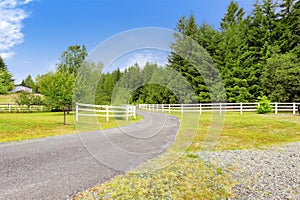 Farm driveway with wooden fence in Olympia, Washington state