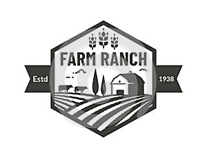 Farm emblem with farmhouse, wheat ear and cows