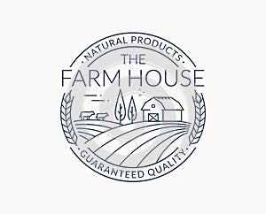 Farm emblem with farmhouse, wheat ear and cows
