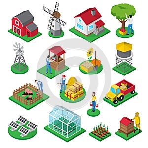 Farm Facilities Workers isometric icons set