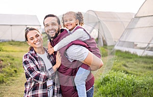 Farm, family and bonding portrait for farming, agriculture and love with a father giving his daughter a piggy back. Agro