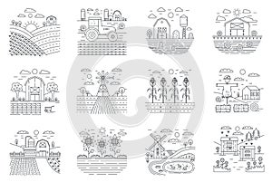 Farm and farming agriculture fields concept line icons set vector illustration.