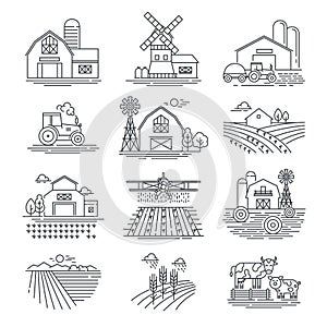 Farm and farming fields linear vector icons on white background. Farming and agriculture life concept