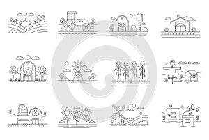 Farm and farming fields thin line icons isolated. Agriculture and Farming concept outline vector illustration.