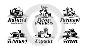 Farm, farming label set. Agriculture, agribusiness, building icon or logo. Lettering vector illustration