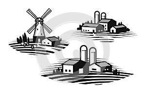 Farm, farming label set. Farmhouse, windmill, agribusiness, agricultural industry icon or logo. Vector illustration photo