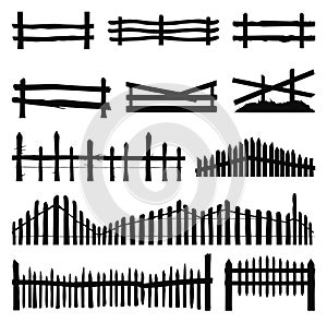 Farm fence silhouettes. Ranch wooden fences isolated, rural timber country backyard old black fencing vector