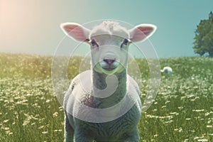 farm field animal green sheep sun lamb grass meadow wool. Generative AI.