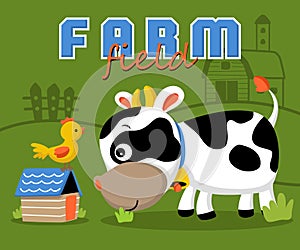 Farm field animals cartoon with cow and chicken