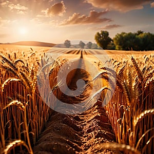 Farm field of golden wheat and grain ripe and ready for harvest