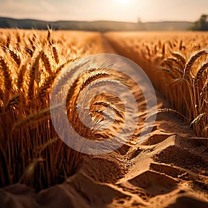 Farm field of golden wheat and grain ripe and ready for harvest