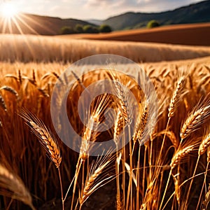 Farm field of golden wheat and grain ripe and ready for harvest