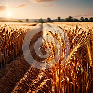 Farm field of golden wheat and grain ripe and ready for harvest