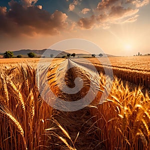 Farm field of golden wheat and grain ripe and ready for harvest