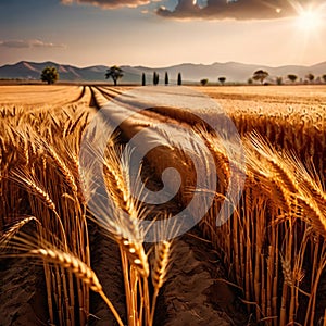 Farm field of golden wheat and grain ripe and ready for harvest