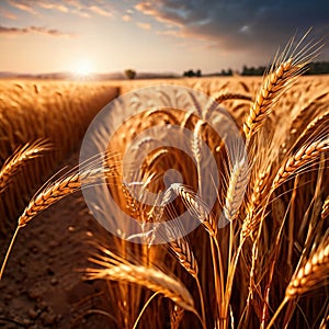 Farm field of golden wheat and grain ripe and ready for harvest