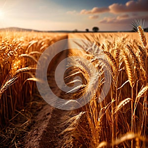 Farm field of golden wheat and grain ripe and ready for harvest